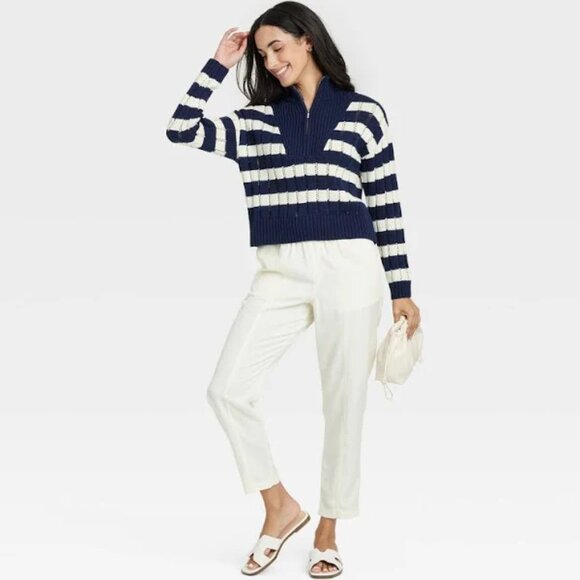 Women's Mock Turtle Neck Quarter Zip Pullover Sweater - A New Day™ Navy/Cream XS - Picture 1 of 6